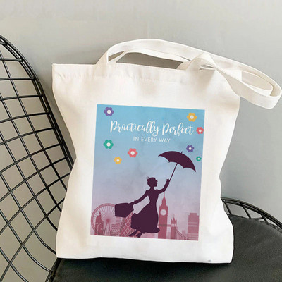 Pircēja Mary Poppins citāts Over Outline Kawaii Bag Harajuku sieviešu iepirkumu soma Audekls Shopper Bag Tote Bag plecu sieviešu soma