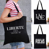 Naujas moteriškas drobinis peties krepšys Teksto spausdinimas Moterų kasdieninė rankinė Daugkartinė didelės talpos organizatorius Kelionių pirkinių paplūdimio krepšiai