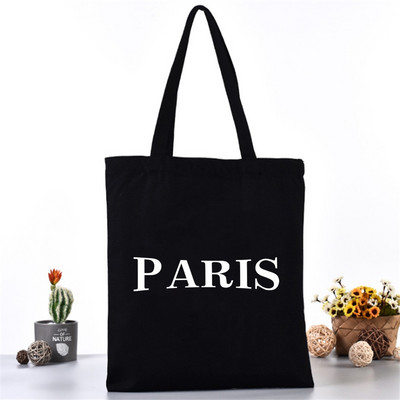 Naujas moteriškas drobinis peties krepšys Teksto spausdinimas Moterų kasdieninė rankinė Daugkartinė didelės talpos organizatorius Kelionių pirkinių paplūdimio krepšiai