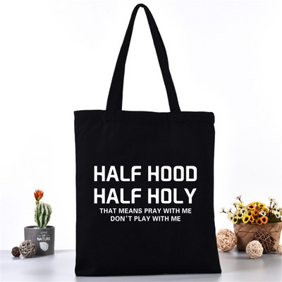 Naujas moteriškas drobinis peties krepšys Teksto spausdinimas Moterų kasdieninė rankinė Daugkartinė didelės talpos organizatorius Kelionių pirkinių paplūdimio krepšiai