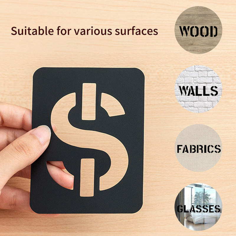 42 vnt. trafaretai raidžių ir skaičių šablonai, daugkartiniai plaunami abėcėlės trafaretai PP, skirti tapyti ant medžio iškarpų albumo audinio sienos