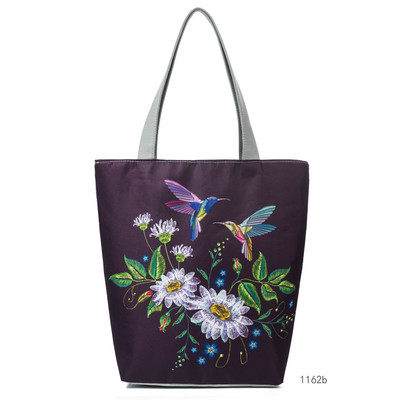 Geantă de mână din pânză pentru femei, broderie colorată, cu imprimeu floral și cu păsări, geantă de umăr pentru femei, geantă reutilizabilă pentru cumpărături femei 1162C