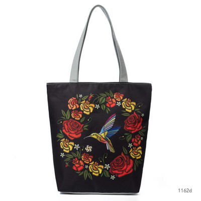 Geantă de mână din pânză pentru femei, broderie colorată, cu imprimeu floral și cu păsări, geantă de umăr pentru femei, geantă reutilizabilă pentru cumpărături femei 1162C