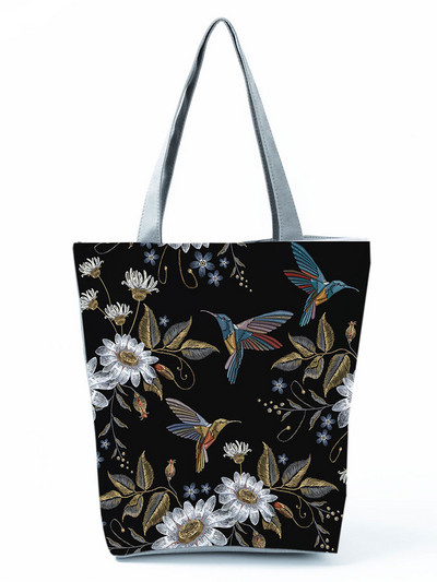 Geantă de mână din pânză pentru femei, broderie colorată, cu imprimeu floral și cu păsări, geantă de umăr pentru femei, geantă reutilizabilă pentru cumpărături femei 1162C