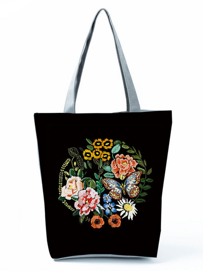 Geantă de mână din pânză pentru femei, broderie colorată, cu imprimeu floral și cu păsări, geantă de umăr pentru femei, geantă reutilizabilă pentru cumpărături femei 1162C