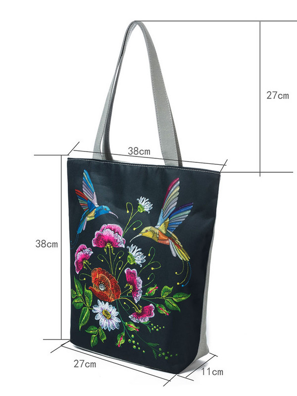 Geantă de mână din pânză pentru femei, broderie colorată, cu imprimeu floral și cu păsări, geantă de umăr pentru femei, geantă reutilizabilă pentru cumpărături femei 1162C