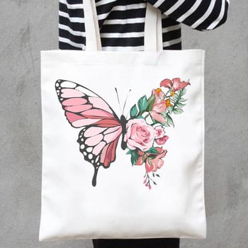 Εκτύπωση καμβά τσάντες Shopper Handbags Shoulder Casual Shopping Butterfly Flower Sweet New Cute Lovely Girls Women Fashion Tote Bag