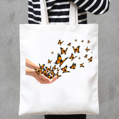 Platnene torbe s ispisom Shopper Ručne torbe Na rame Ležerna kupovina Leptir Cvijet Slatke nove slatke ljupke djevojke Ženska modna velika torba