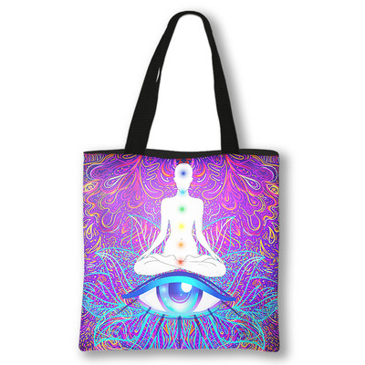 Septynios čakros, medituojančios Budos spausdinimo krepšys Moteriškos rankinės Moterų daugkartinis pirkinių krepšys Didelės talpos pečių krepšiai Dovana