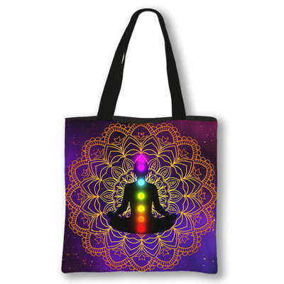 Septynios čakros, medituojančios Budos spausdinimo krepšys Moteriškos rankinės Moterų daugkartinis pirkinių krepšys Didelės talpos pečių krepšiai Dovana