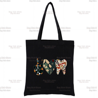 Dantų ir odontologų juodas drobinis krepšys, skirtas moteriškoms rankinėms