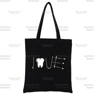 Dantų ir odontologų juodas drobinis krepšys, skirtas moteriškoms rankinėms