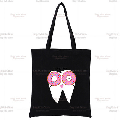 Dantų ir odontologų juodas drobinis krepšys, skirtas moteriškoms rankinėms