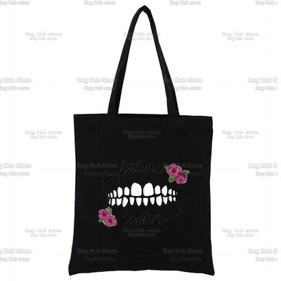 Dantų ir odontologų juodas drobinis krepšys, skirtas moteriškoms rankinėms