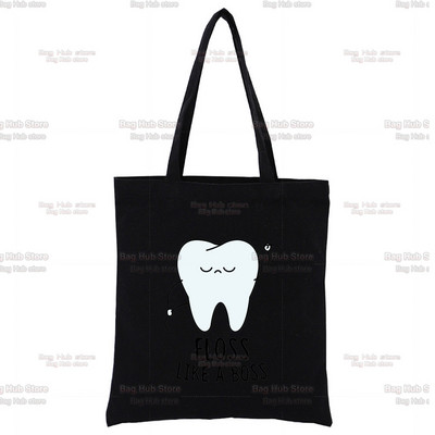 Dantų ir odontologų juodas drobinis krepšys, skirtas moteriškoms rankinėms