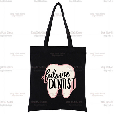 Dantų ir odontologų juodas drobinis krepšys, skirtas moteriškoms rankinėms