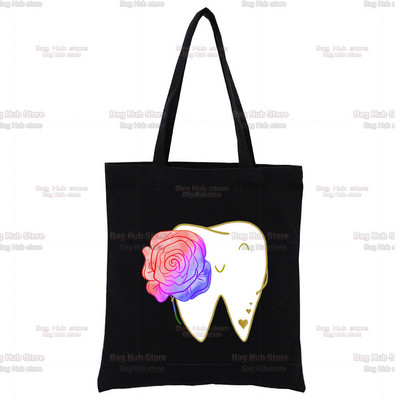 Dantų ir odontologų juodas drobinis krepšys, skirtas moteriškoms rankinėms