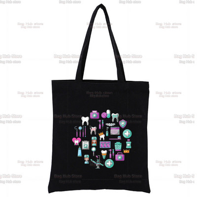 Dantų ir odontologų juodas drobinis krepšys, skirtas moteriškoms rankinėms