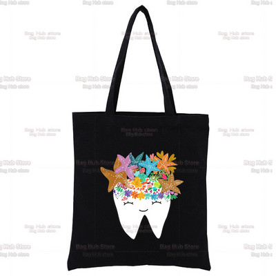 Dantų ir odontologų juodas drobinis krepšys, skirtas moteriškoms rankinėms