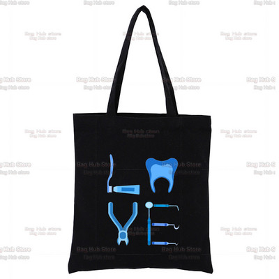 Dantų ir odontologų juodas drobinis krepšys, skirtas moteriškoms rankinėms