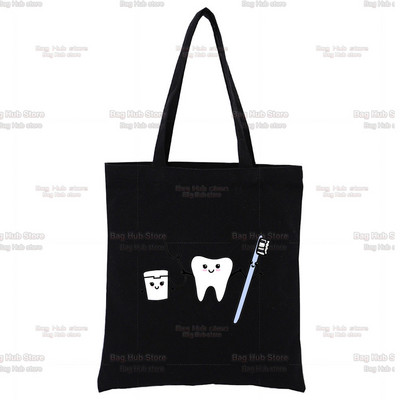 Dantų ir odontologų juodas drobinis krepšys, skirtas moteriškoms rankinėms