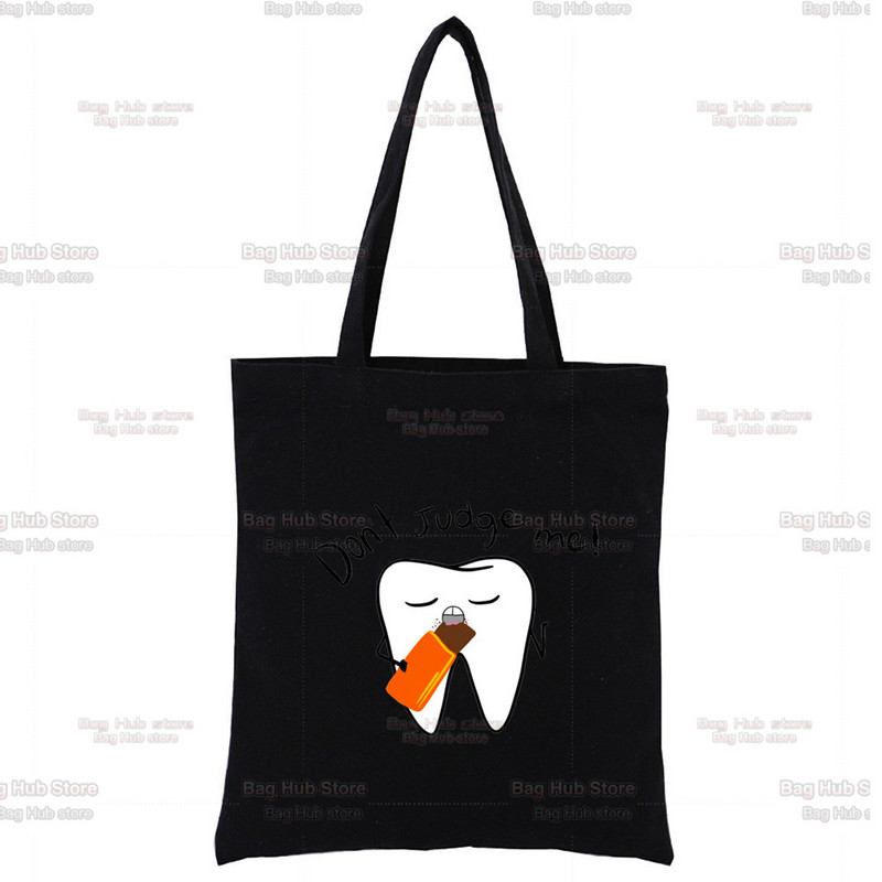 Dantų ir odontologų juodas drobinis krepšys, skirtas moteriškoms rankinėms