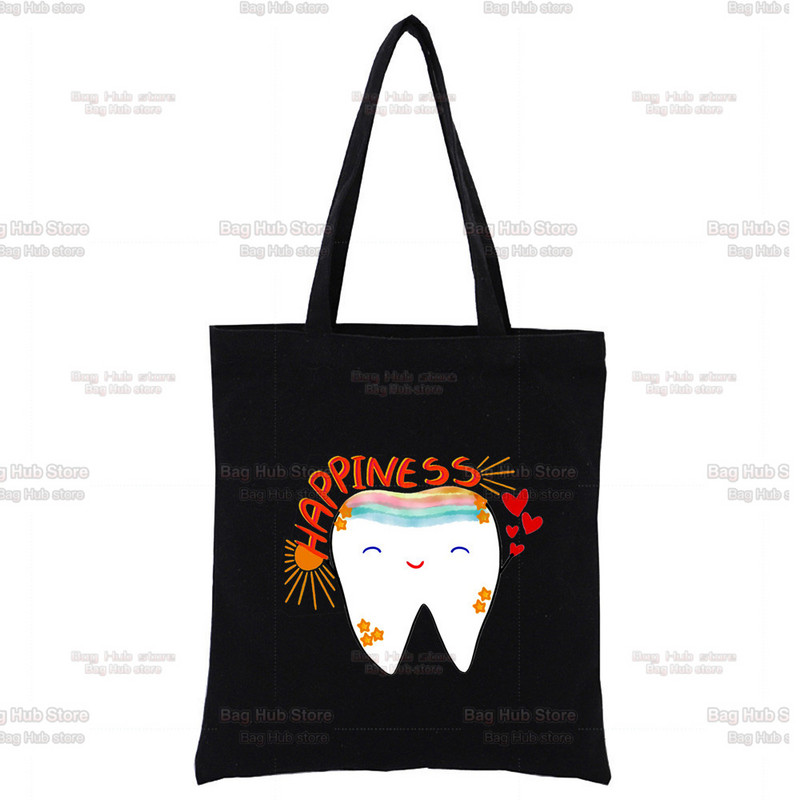 Dantų ir odontologų juodas drobinis krepšys, skirtas moteriškoms rankinėms