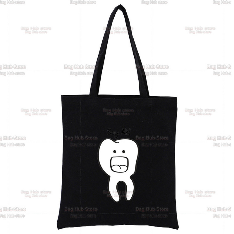 Dantų ir odontologų juodas drobinis krepšys, skirtas moteriškoms rankinėms