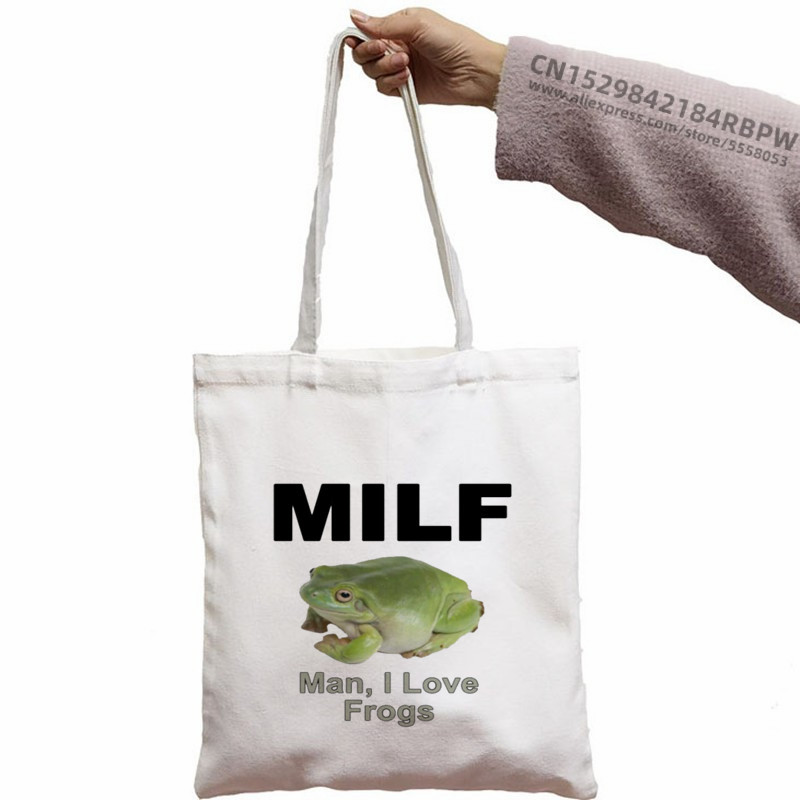 Trečiadienis Frog MILF Moteriškos rankinės Medžiaginis drobinis krepšys Juodas Apsipirkimo Kelionės Moteriški Ekologiški daugkartinio naudojimo pečių krepšiai