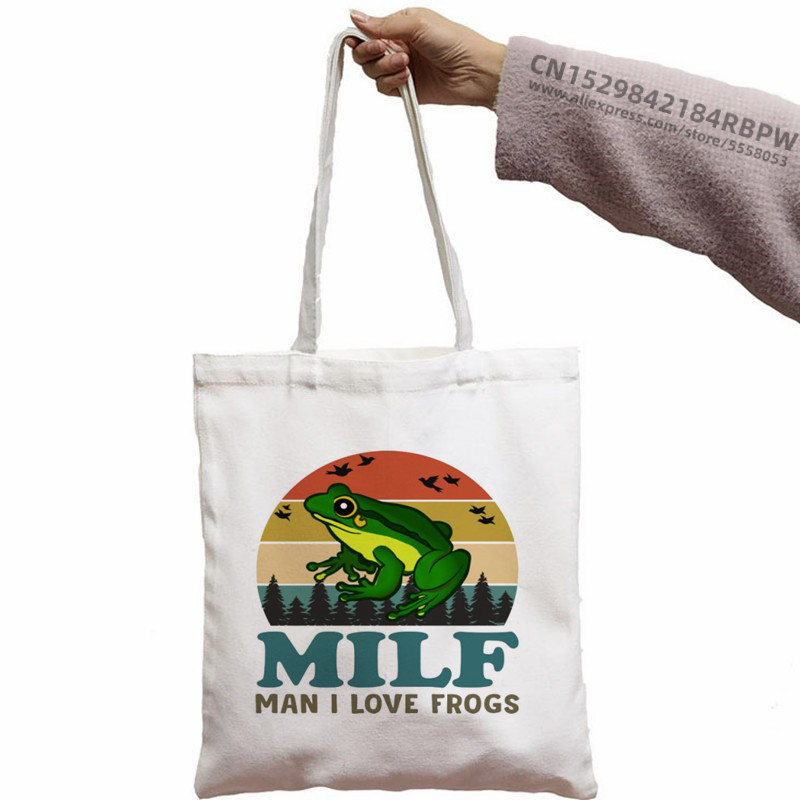 Trečiadienis Frog MILF Moteriškos rankinės Medžiaginis drobinis krepšys Juodas Apsipirkimo Kelionės Moteriški Ekologiški daugkartinio naudojimo pečių krepšiai