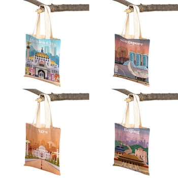 Cartoon City Travel Landscape Art Τσάντες Shopper Tote Lady Handbag και στις δύο πλευρές Ισπανία Singapore Casual Canvas Γυναικεία τσάντα αγορών