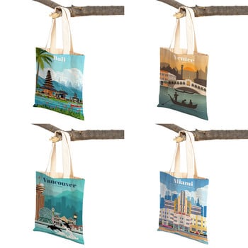 Cartoon City Travel Landscape Art Τσάντες Shopper Tote Lady Handbag και στις δύο πλευρές Ισπανία Singapore Casual Canvas Γυναικεία τσάντα αγορών