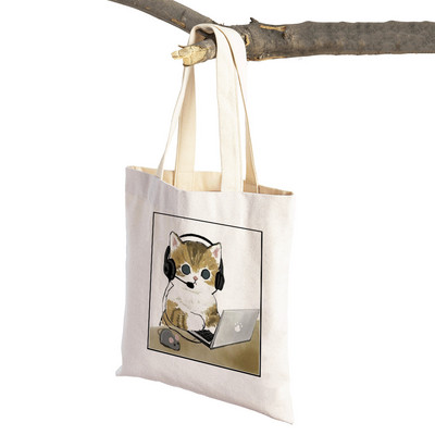 Τσάντα αγορών για σούπερ μάρκετ μόδας Kawaii Funny Cat Hamster Γυναικεία τσάντα χαρτοπετσέτας Animal print πανί πανί Lady τσάντες αγορών