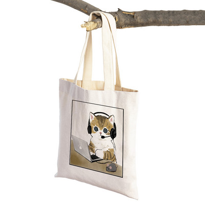 Τσάντα αγορών για σούπερ μάρκετ μόδας Kawaii Funny Cat Hamster Γυναικεία τσάντα χαρτοπετσέτας Animal print πανί πανί Lady τσάντες αγορών