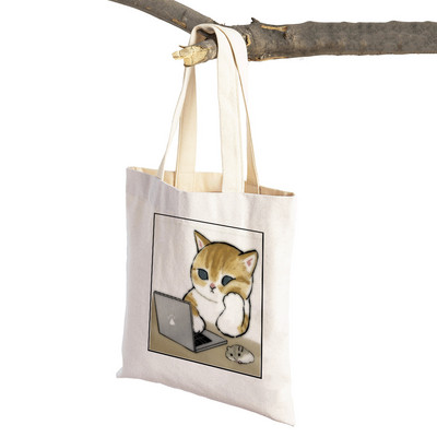 Τσάντα αγορών για σούπερ μάρκετ μόδας Kawaii Funny Cat Hamster Γυναικεία τσάντα χαρτοπετσέτας Animal print πανί πανί Lady τσάντες αγορών