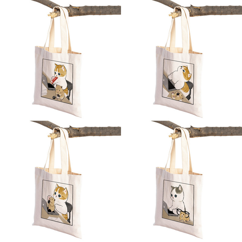 Τσάντα αγορών για σούπερ μάρκετ μόδας Kawaii Funny Cat Hamster Γυναικεία τσάντα χαρτοπετσέτας Animal print πανί πανί Lady τσάντες αγορών