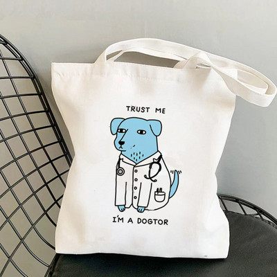 2021 Shopper Cute Dogtor Cartoons Printed Tote Bag žene Harajuku shopper torbica djevojka Torba za kupovinu na rame Ženska platnena torba