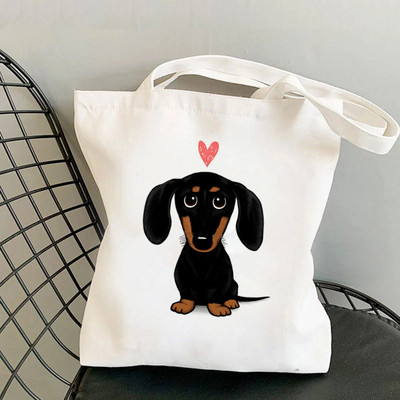 Shopper Fekete és cser tacskó kutya nyomtatott táska női Harajuku vásárló kézitáska lány Vállas bevásárlótáska Lady Canvas Bag