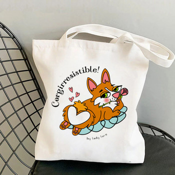 Shopper Corgi family Printed Kawaii τσάντα Harajuku Τσάντα αγορών Τσάντα καμβά Shopper τσάντα για κορίτσι Τσάντα tote Τσάντα ώμου Lady