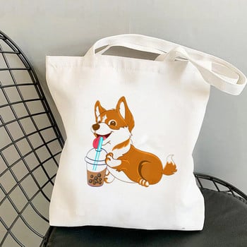 Shopper Corgi family Printed Kawaii τσάντα Harajuku Τσάντα αγορών Τσάντα καμβά Shopper τσάντα για κορίτσι Τσάντα tote Τσάντα ώμου Lady