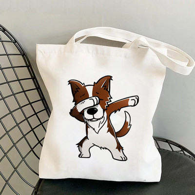 2021 m. „Shopper MOm Border Collie“ spausdintas krepšys, moteriškas „Harajuku“ pirkėjo rankinė, mergina ant peties, „Lady Canvas“ krepšys