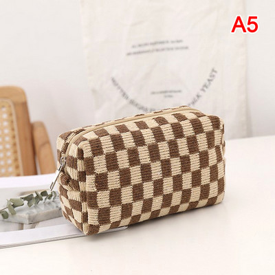 ΝΕΑ Ins Πλεκτή μολυβοθήκη σκακιέρα Μεγάλης χωρητικότητας Τσάντα στυλό Φερμουάρ Stationary Organzier Daliy Lips Makeup Storage Stationary