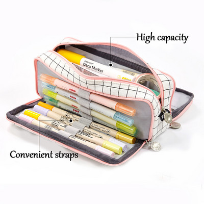 Kawaii zīmuļu futrālis Lielas ietilpības audekla pildspalvu soma meitenēm Daudzslāņu kastīte vienkrāsains, jauki skolas piederumi korejiešu rakstāmpiederumi