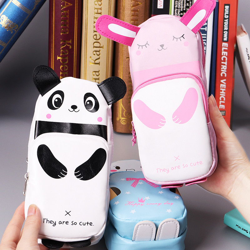 1 bucată nou Kawaii pisică panda și iepure geantă de creion cu fermoar din piele PU husă de creion impermeabilă geantă de depozitare articole de papetărie cadou pentru copii