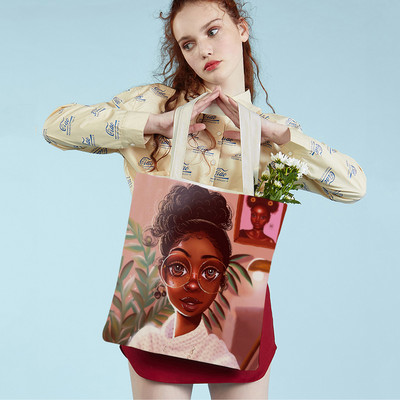 Black Lady Canvas Tote kézitáska Újrafelhasználható divat Rajzfilm Gyönyörű afrikai lány Dupla mintás alkalmi bevásárlótáska nőknek