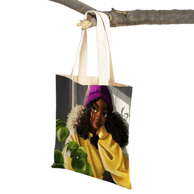 Crna ženska platnena torba za višekratnu upotrebu Modna afrička djevojka s dvostrukim printom, ležerna torba za kupnju za žene