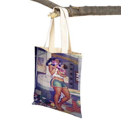 Crna ženska platnena torba za višekratnu upotrebu Modna afrička djevojka s dvostrukim printom, ležerna torba za kupnju za žene