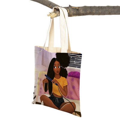 Crna ženska platnena torba za višekratnu upotrebu Modna afrička djevojka s dvostrukim printom, ležerna torba za kupnju za žene