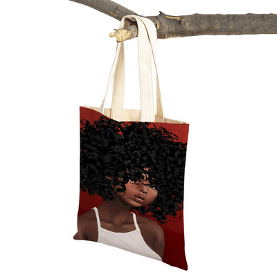 Crna ženska platnena torba za višekratnu upotrebu Modna afrička djevojka s dvostrukim printom, ležerna torba za kupnju za žene