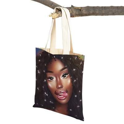 Crna ženska platnena torba za višekratnu upotrebu Modna afrička djevojka s dvostrukim printom, ležerna torba za kupnju za žene